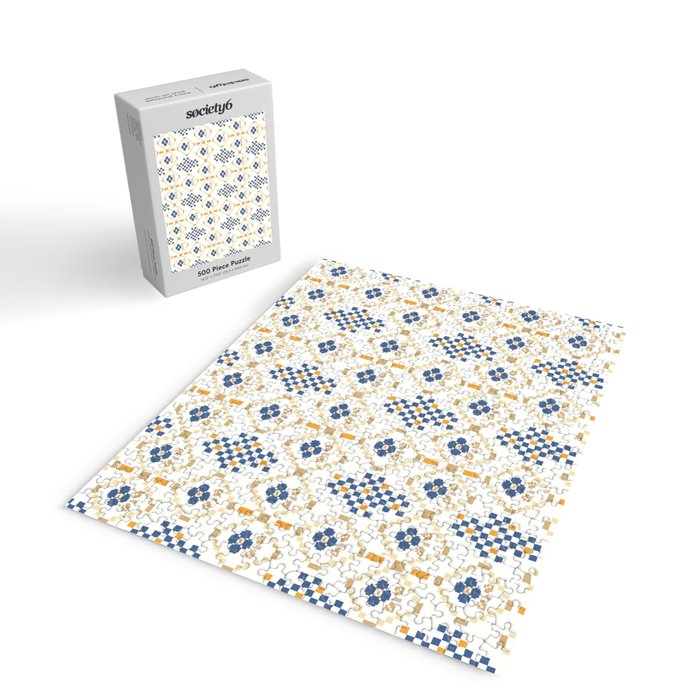 Scandinavian Geometric Floral Pattern  Nordic Folk Tile Design Blue and Mustard Modern Decor Jigsaw Puzzle Gallery Image 2