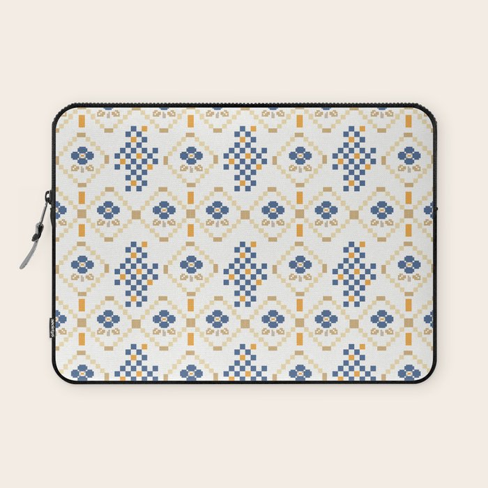 Scandinavian Geometric Floral Pattern  Nordic Folk Tile Design Blue and Mustard Modern Decor Laptop Sleeve Gallery Image 1