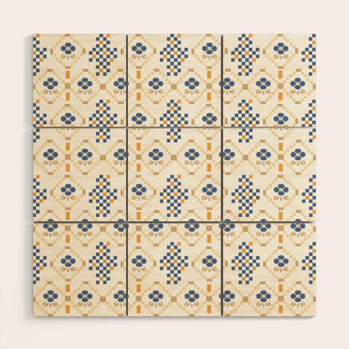 Scandinavian Geometric Floral Pattern  Nordic Folk Tile Design Blue and Mustard Modern Decor Wood Wall Art Gallery Image 1