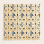 Scandinavian Geometric Floral Pattern  Nordic Folk Tile Design Blue and Mustard Modern Decor Wood Wall Art Gallery Image 1