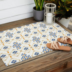 Scandinavian Geometric Floral Pattern  Nordic Folk Tile Design Blue and Mustard Modern Decor Outdoor Rug Gallery Image 2