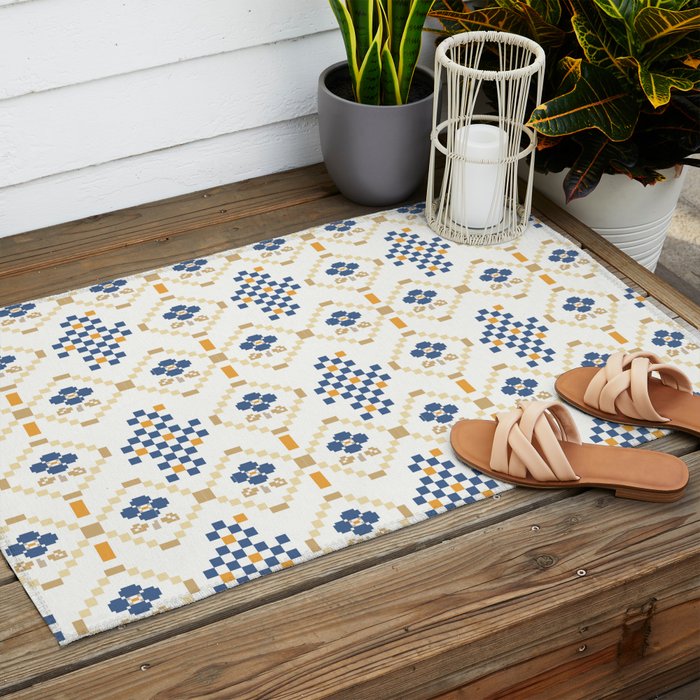 Scandinavian Geometric Floral Pattern  Nordic Folk Tile Design Blue and Mustard Modern Decor Outdoor Rug Gallery Image 2