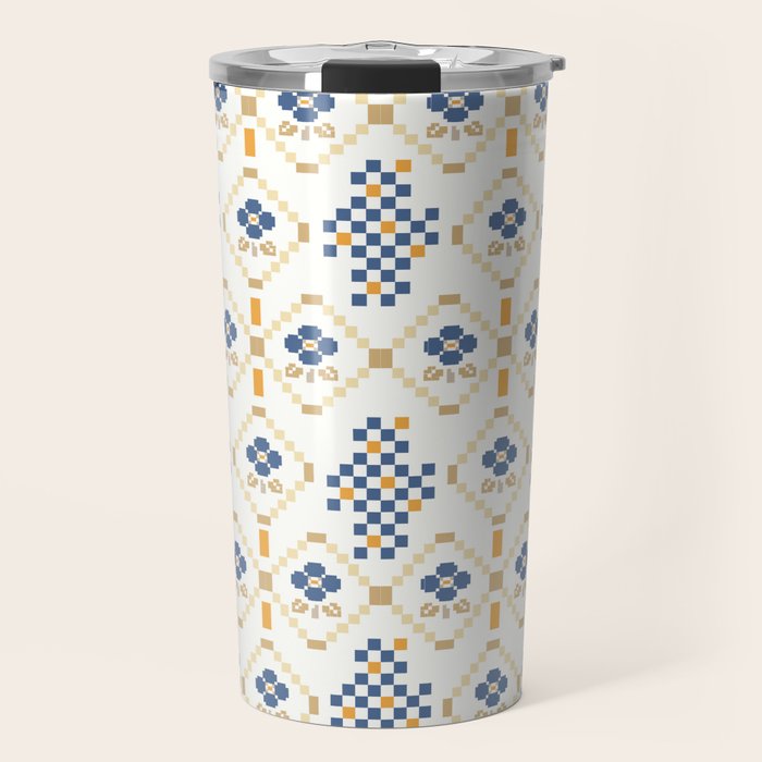 Scandinavian Geometric Floral Pattern  Nordic Folk Tile Design Blue and Mustard Modern Decor Travel Mug Gallery Image 1