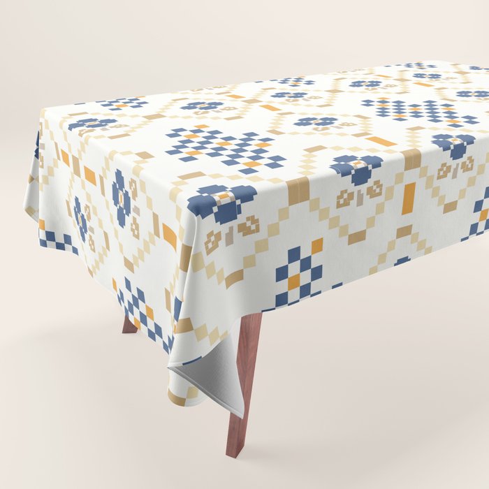 Scandinavian Geometric Floral Pattern  Nordic Folk Tile Design Blue and Mustard Modern Decor Tablecloth Gallery Image 1