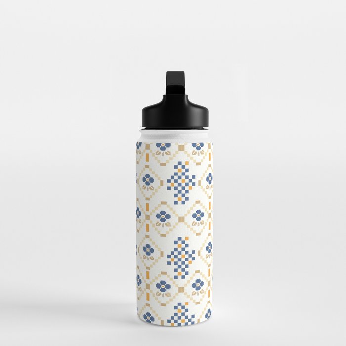 Scandinavian Geometric Floral Pattern  Nordic Folk Tile Design Blue and Mustard Modern Decor Water Bottle Gallery Image 3