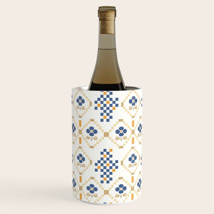 Scandinavian Geometric Floral Pattern  Nordic Folk Tile Design Blue and Mustard Modern Decor Wine Chiller Gallery Image 1