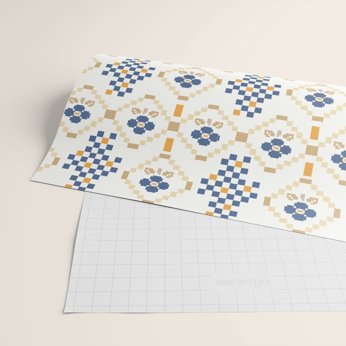 Scandinavian Geometric Floral Pattern  Nordic Folk Tile Design Blue and Mustard Modern Decor Wrapping Paper Gallery Image 2