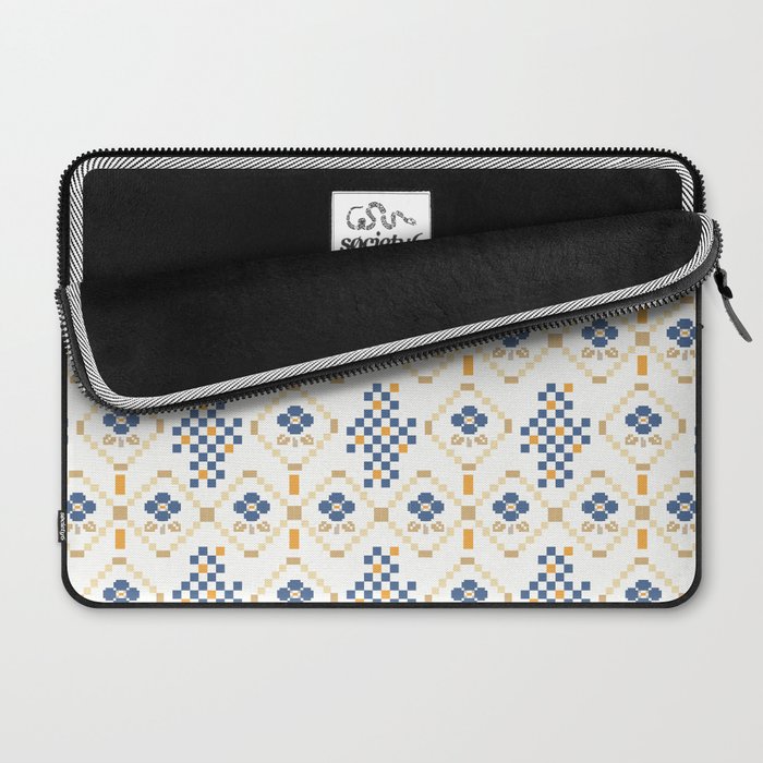 Scandinavian Geometric Floral Pattern  Nordic Folk Tile Design Blue and Mustard Modern Decor Laptop Sleeve Gallery Image 2