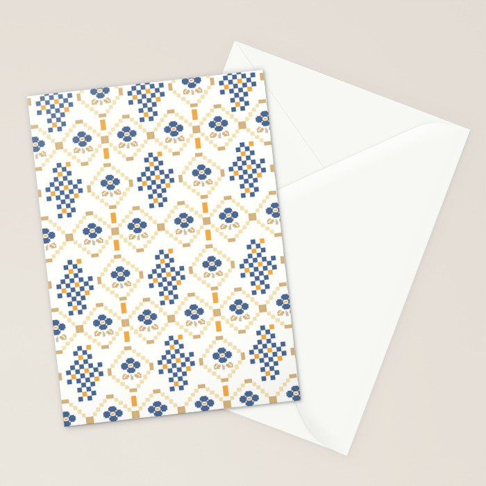 Scandinavian Geometric Floral Pattern  Nordic Folk Tile Design Blue and Mustard Modern Decor Stationery Card Gallery Image 2