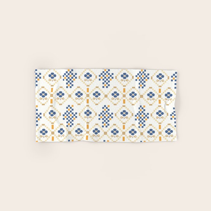 Scandinavian Geometric Floral Pattern  Nordic Folk Tile Design Blue and Mustard Modern Decor Bath Towel Gallery Image 1