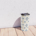 Scandinavian Geometric Floral Pattern  Nordic Folk Tile Design Blue and Mustard Modern Decor Travel Mug Gallery Image 4