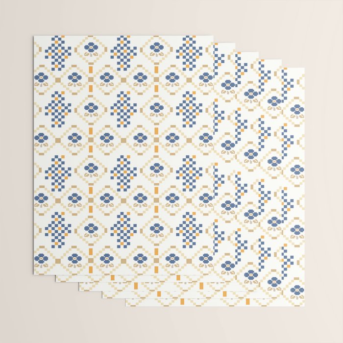 Scandinavian Geometric Floral Pattern  Nordic Folk Tile Design Blue and Mustard Modern Decor Wrapping Paper Gallery Image 3