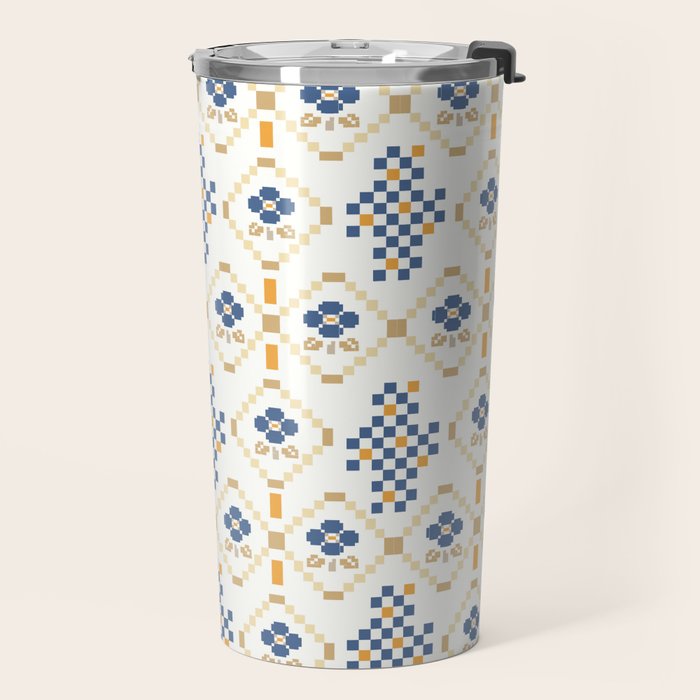 Scandinavian Geometric Floral Pattern  Nordic Folk Tile Design Blue and Mustard Modern Decor Travel Mug Gallery Image 2