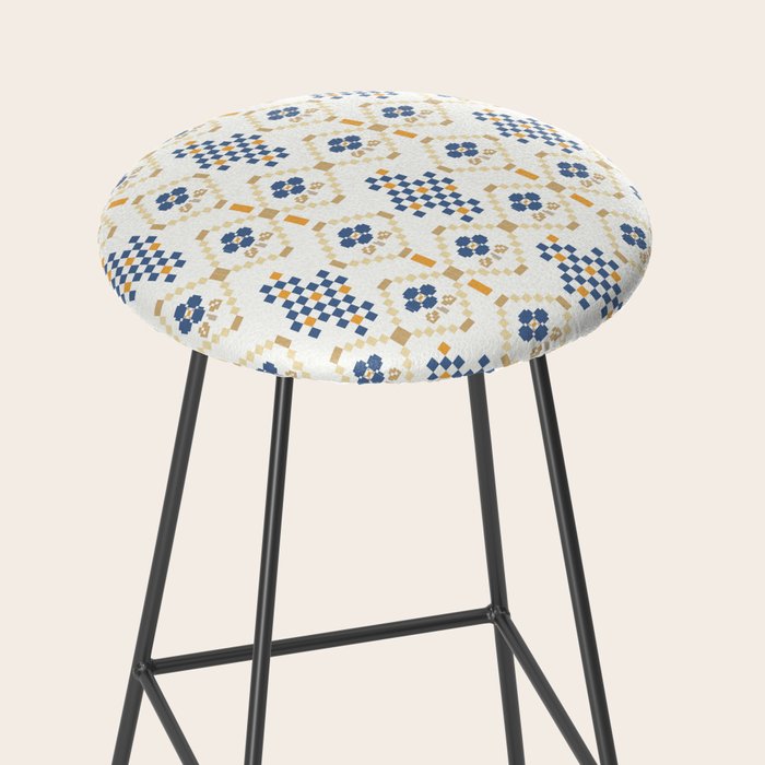 Scandinavian Geometric Floral Pattern  Nordic Folk Tile Design Blue and Mustard Modern Decor Stool Gallery Image 2
