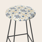 Scandinavian Geometric Floral Pattern  Nordic Folk Tile Design Blue and Mustard Modern Decor Stool Gallery Image 2