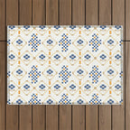 Scandinavian Geometric Floral Pattern  Nordic Folk Tile Design Blue and Mustard Modern Decor Outdoor Rug Gallery Image 1