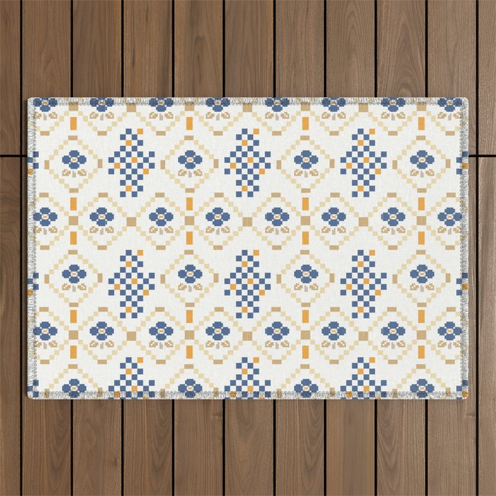 Scandinavian Geometric Floral Pattern  Nordic Folk Tile Design Blue and Mustard Modern Decor Outdoor Rug Gallery Image 1