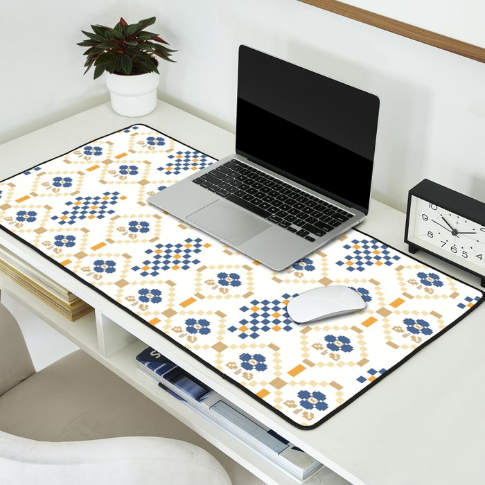 Scandinavian Geometric Floral Pattern  Nordic Folk Tile Design Blue and Mustard Modern Decor Desk Mat Gallery Image 2