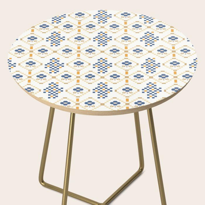 Scandinavian Geometric Floral Pattern  Nordic Folk Tile Design Blue and Mustard Modern Decor Side Table Gallery Image 2