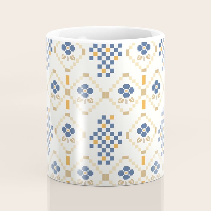 Scandinavian Geometric Floral Pattern  Nordic Folk Tile Design Blue and Mustard Modern Decor Coffee Mug Gallery Image 4