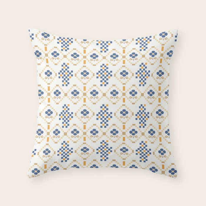 Scandinavian Geometric Floral Pattern  Nordic Folk Tile Design Blue and Mustard Modern Decor Throw Pillow Gallery Image 6