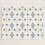 Scandinavian Geometric Floral Pattern  Nordic Folk Tile Design Blue and Mustard Modern Decor Jigsaw Puzzle Gallery Image 1
