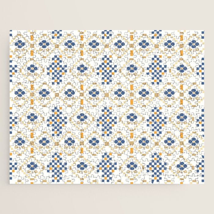 Scandinavian Geometric Floral Pattern  Nordic Folk Tile Design Blue and Mustard Modern Decor Jigsaw Puzzle Gallery Image 1
