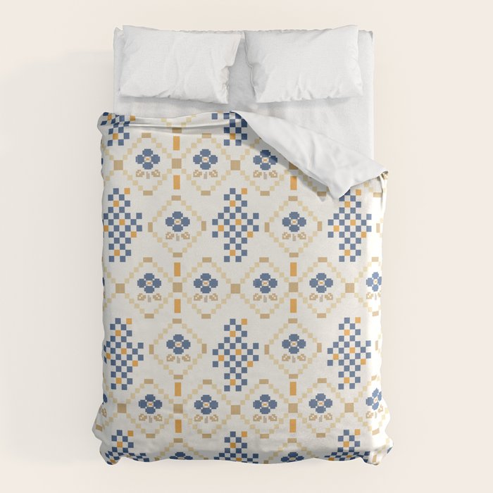 Scandinavian Geometric Floral Pattern  Nordic Folk Tile Design Blue and Mustard Modern Decor Duvet Cover Gallery Image 6