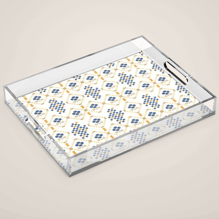 Scandinavian Geometric Floral Pattern  Nordic Folk Tile Design Blue and Mustard Modern Decor Acrylic Tray Gallery Image 1