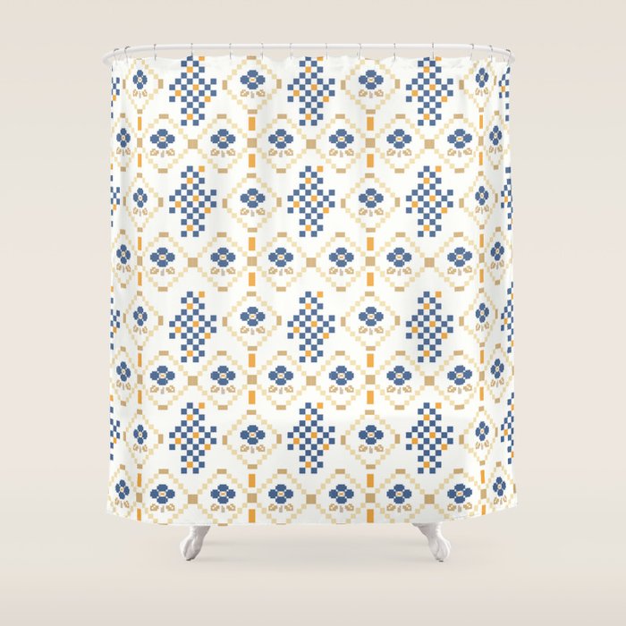 Scandinavian Geometric Floral Pattern  Nordic Folk Tile Design Blue and Mustard Modern Decor Shower Curtain Gallery Image 1