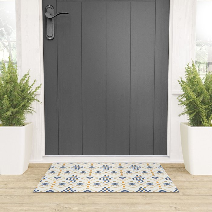 Scandinavian Geometric Floral Pattern  Nordic Folk Tile Design Blue and Mustard Modern Decor Welcome Mat Gallery Image 3