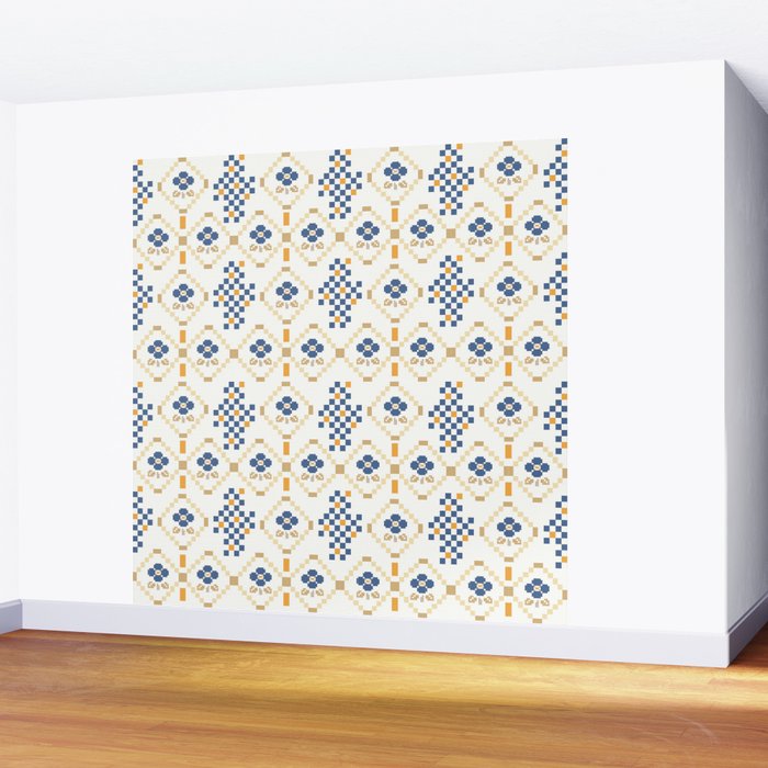 Scandinavian Geometric Floral Pattern  Nordic Folk Tile Design Blue and Mustard Modern Decor Wall Mural Gallery Image 2