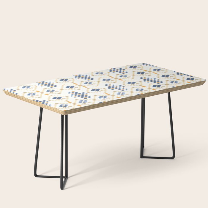 Scandinavian Geometric Floral Pattern  Nordic Folk Tile Design Blue and Mustard Modern Decor Coffee Table Gallery Image 1