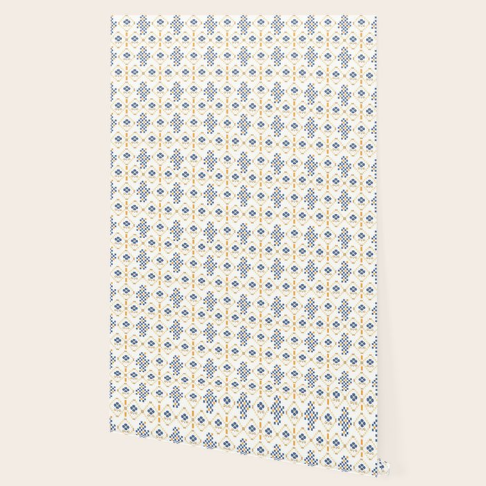 Scandinavian Geometric Floral Pattern  Nordic Folk Tile Design Blue and Mustard Modern Decor Wallpaper Gallery Image 2