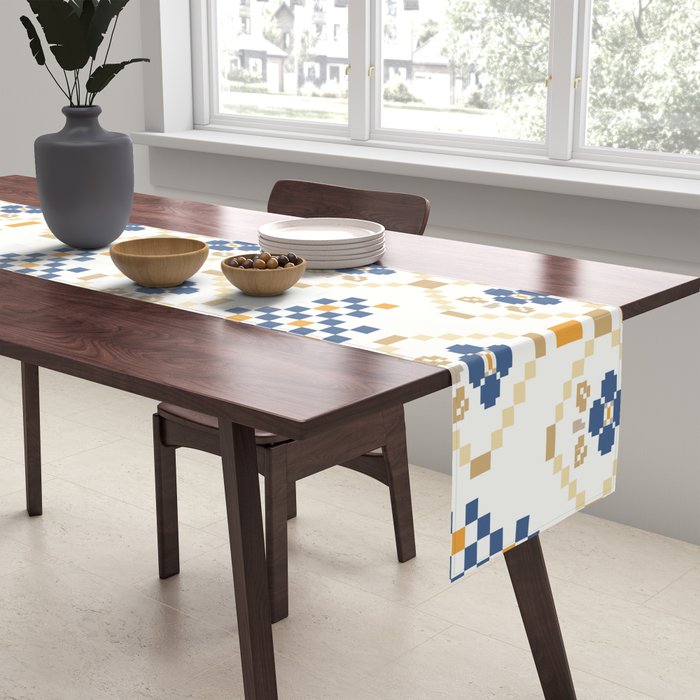 Scandinavian Geometric Floral Pattern  Nordic Folk Tile Design Blue and Mustard Modern Decor Table Runner Gallery Image 2