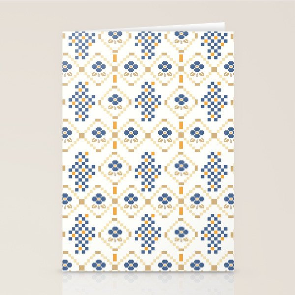 Scandinavian Geometric Floral Pattern  Nordic Folk Tile Design Blue and Mustard Modern Decor Stationery Card Gallery Image 1