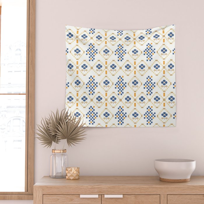 Scandinavian Geometric Floral Pattern  Nordic Folk Tile Design Blue and Mustard Modern Decor Wall Tapestry Gallery Image 2