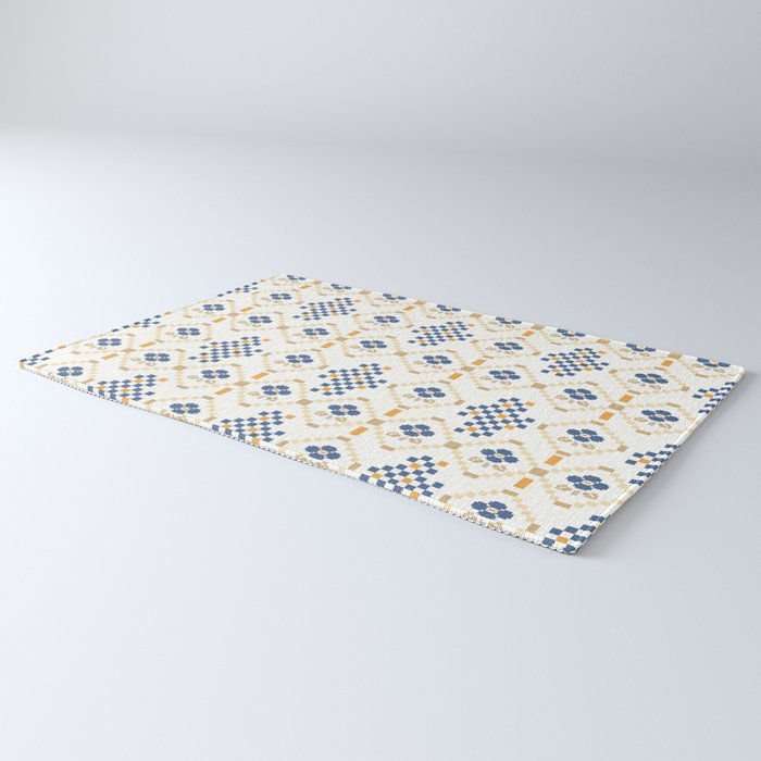 Scandinavian Geometric Floral Pattern  Nordic Folk Tile Design Blue and Mustard Modern Decor Rug Gallery Image 3