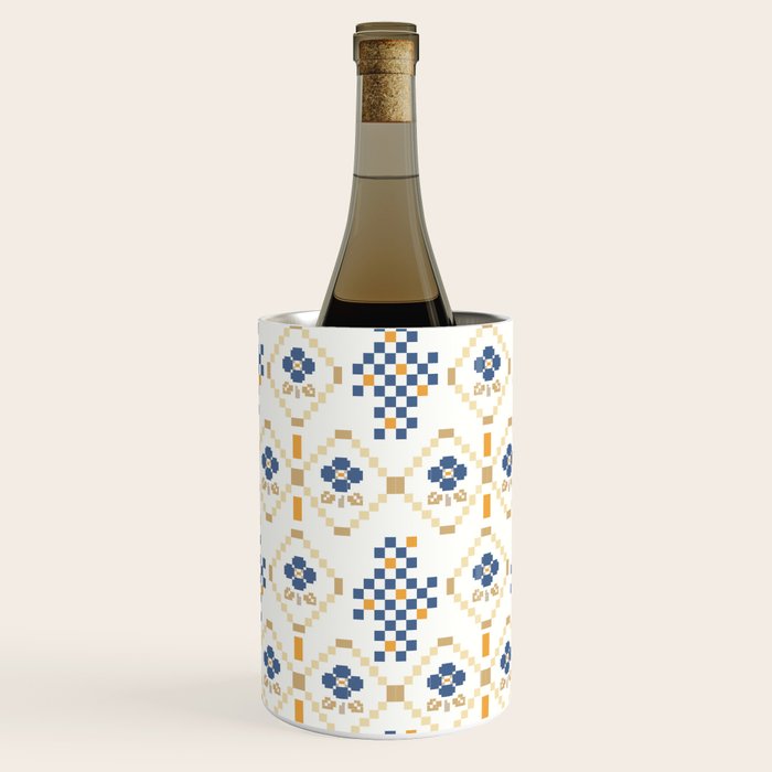 Scandinavian Geometric Floral Pattern  Nordic Folk Tile Design Blue and Mustard Modern Decor Wine Chiller Gallery Image 2