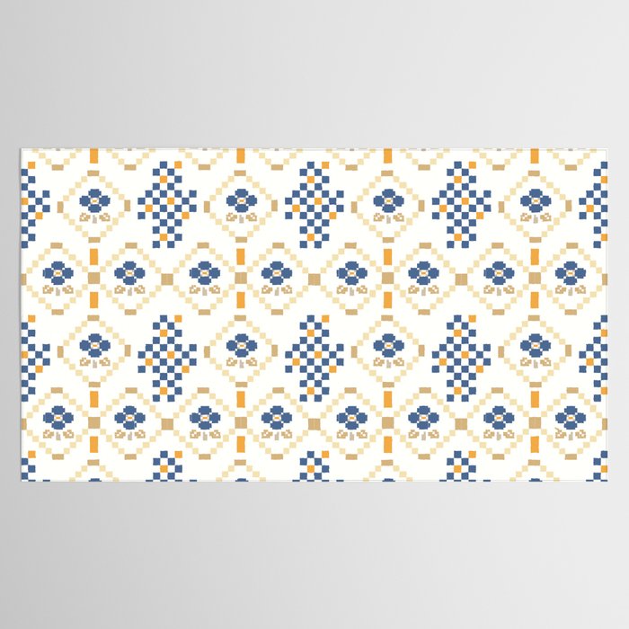 Scandinavian Geometric Floral Pattern  Nordic Folk Tile Design Blue and Mustard Modern Decor Tablecloth Gallery Image 2