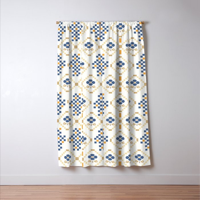 Scandinavian Geometric Floral Pattern  Nordic Folk Tile Design Blue and Mustard Modern Decor Window Curtain Gallery Image 3