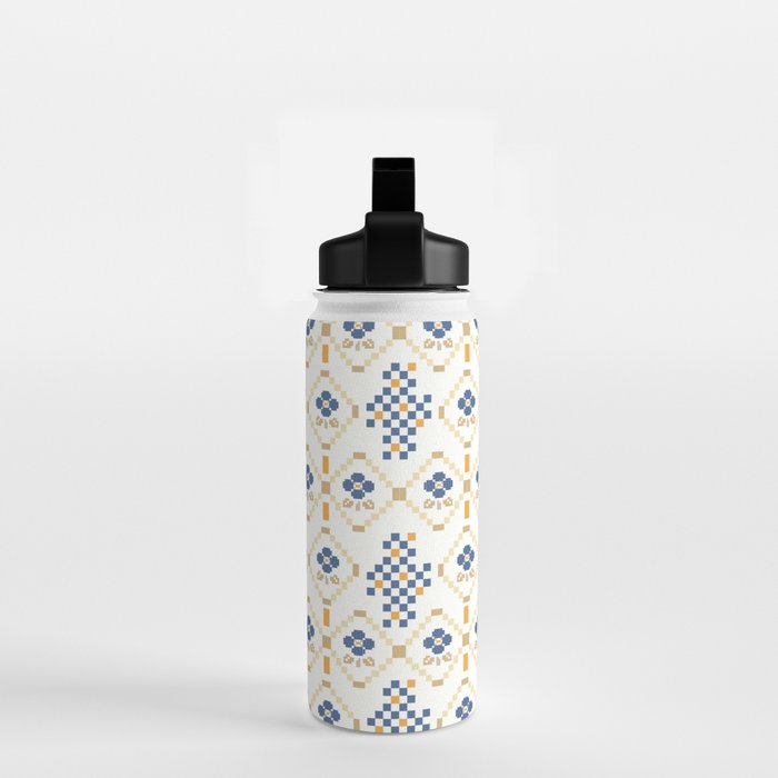 Scandinavian Geometric Floral Pattern  Nordic Folk Tile Design Blue and Mustard Modern Decor Water Bottle Gallery Image 2