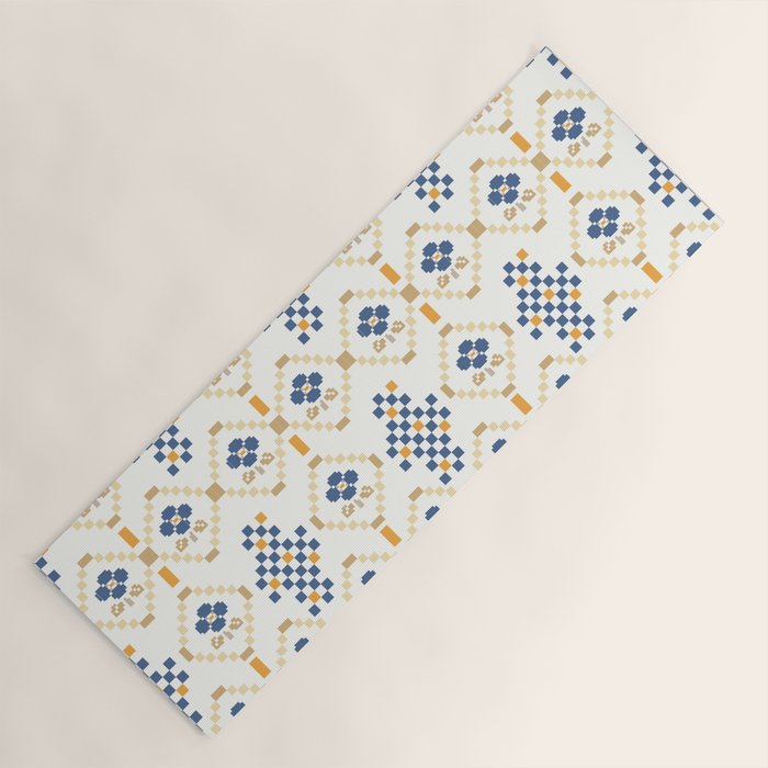Scandinavian Geometric Floral Pattern  Nordic Folk Tile Design Blue and Mustard Modern Decor Yoga Mat Gallery Image 1