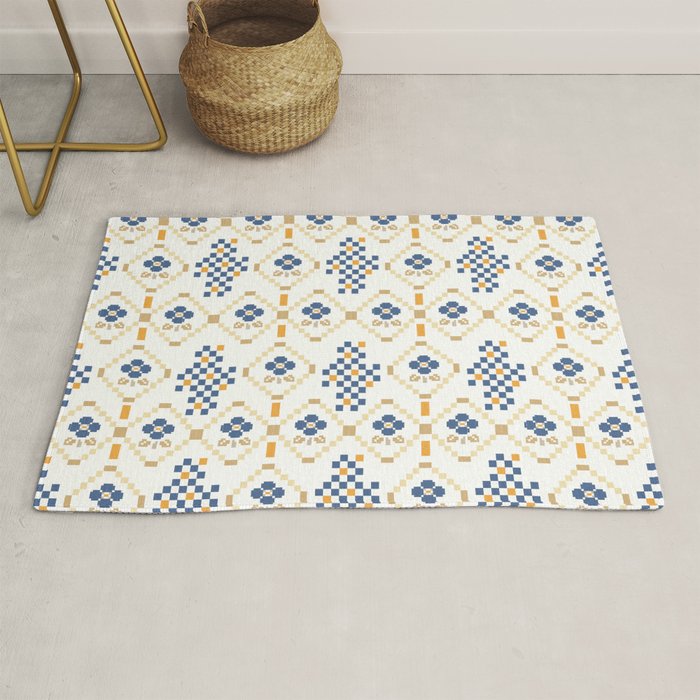 Scandinavian Geometric Floral Pattern  Nordic Folk Tile Design Blue and Mustard Modern Decor Rug Gallery Image 1