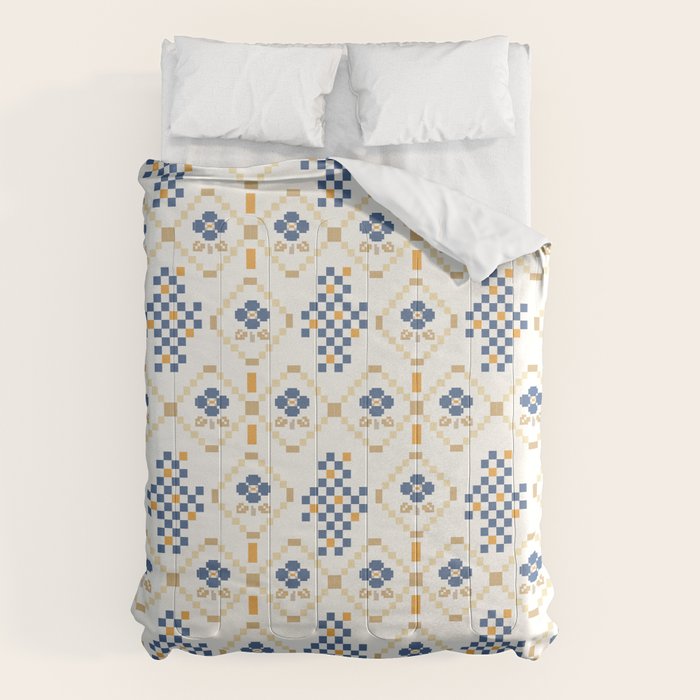 Scandinavian Geometric Floral Pattern  Nordic Folk Tile Design Blue and Mustard Modern Decor Comforter Gallery Image 6