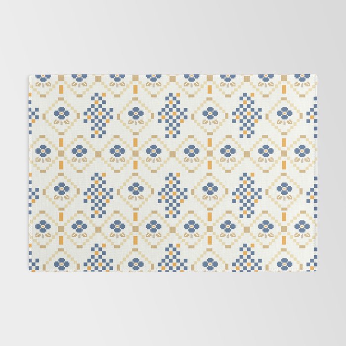 Scandinavian Geometric Floral Pattern  Nordic Folk Tile Design Blue and Mustard Modern Decor Rug Gallery Image 2