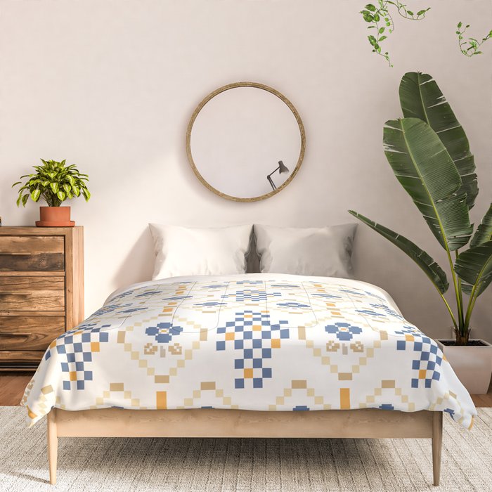 Scandinavian Geometric Floral Pattern  Nordic Folk Tile Design Blue and Mustard Modern Decor Comforter Gallery Image 3