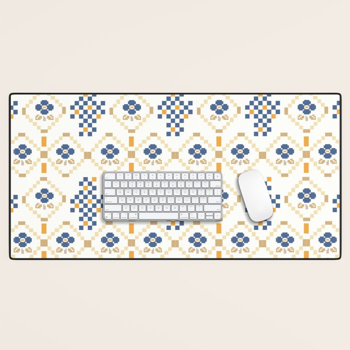 Scandinavian Geometric Floral Pattern  Nordic Folk Tile Design Blue and Mustard Modern Decor Desk Mat Gallery Image 1