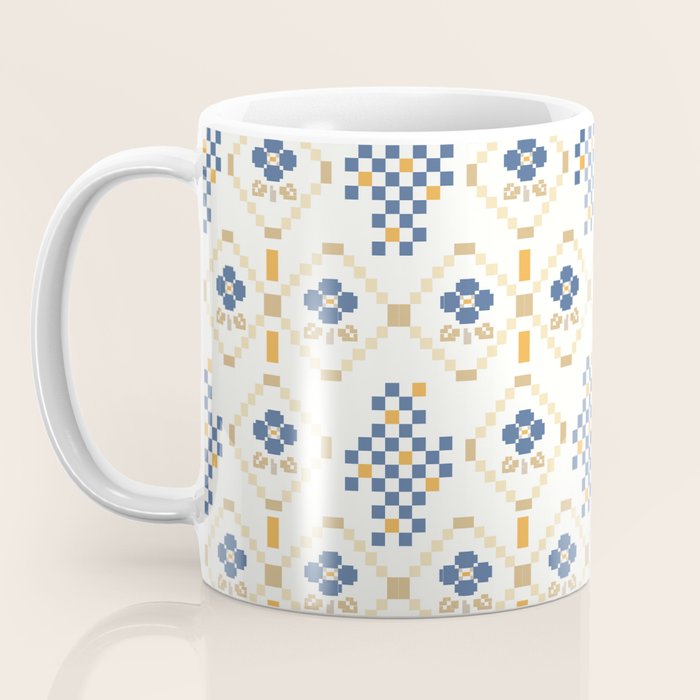 Scandinavian Geometric Floral Pattern  Nordic Folk Tile Design Blue and Mustard Modern Decor Coffee Mug Gallery Image 3