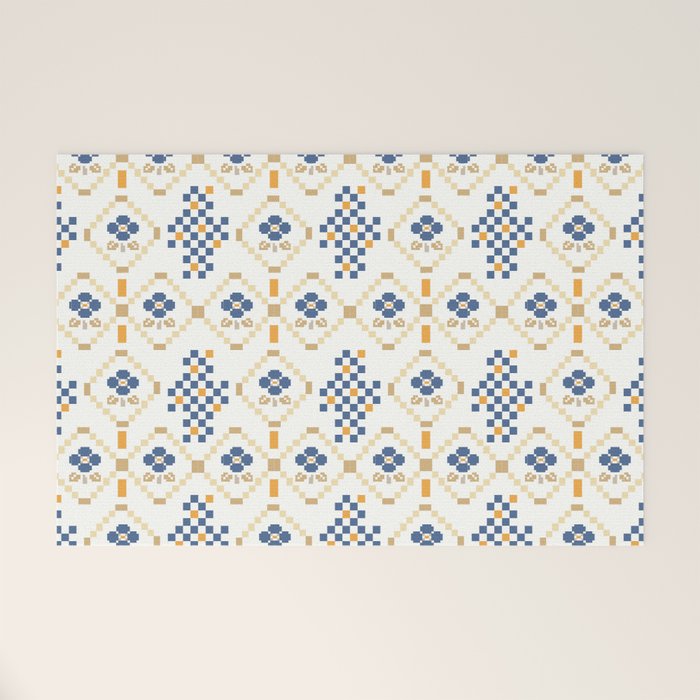 Scandinavian Geometric Floral Pattern  Nordic Folk Tile Design Blue and Mustard Modern Decor Welcome Mat Gallery Image 1